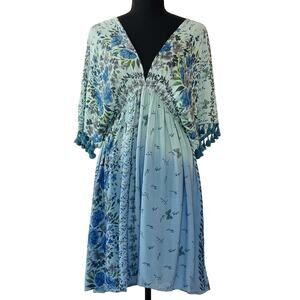 UNIQUE! Gorgeous RAGA Ombre Bohemian Dress Blue Butterflies & Flowers SMALL